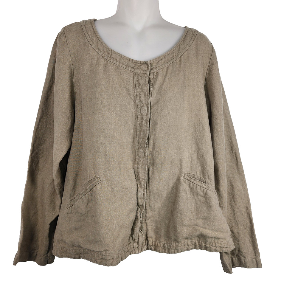 Eileen Fisher 100% Linen Snap Front Boxy Lightweight Jacket Size Large Pockets